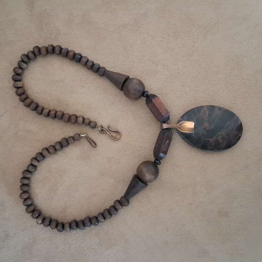 Tiger Eye Pendant With Wooden Beads Necklace